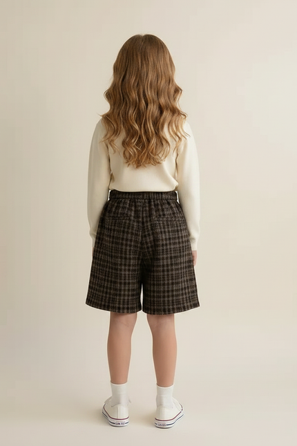 Pantalon Jupe Carreaux Marron Ample Élastique Fille - Tweed - vue 2