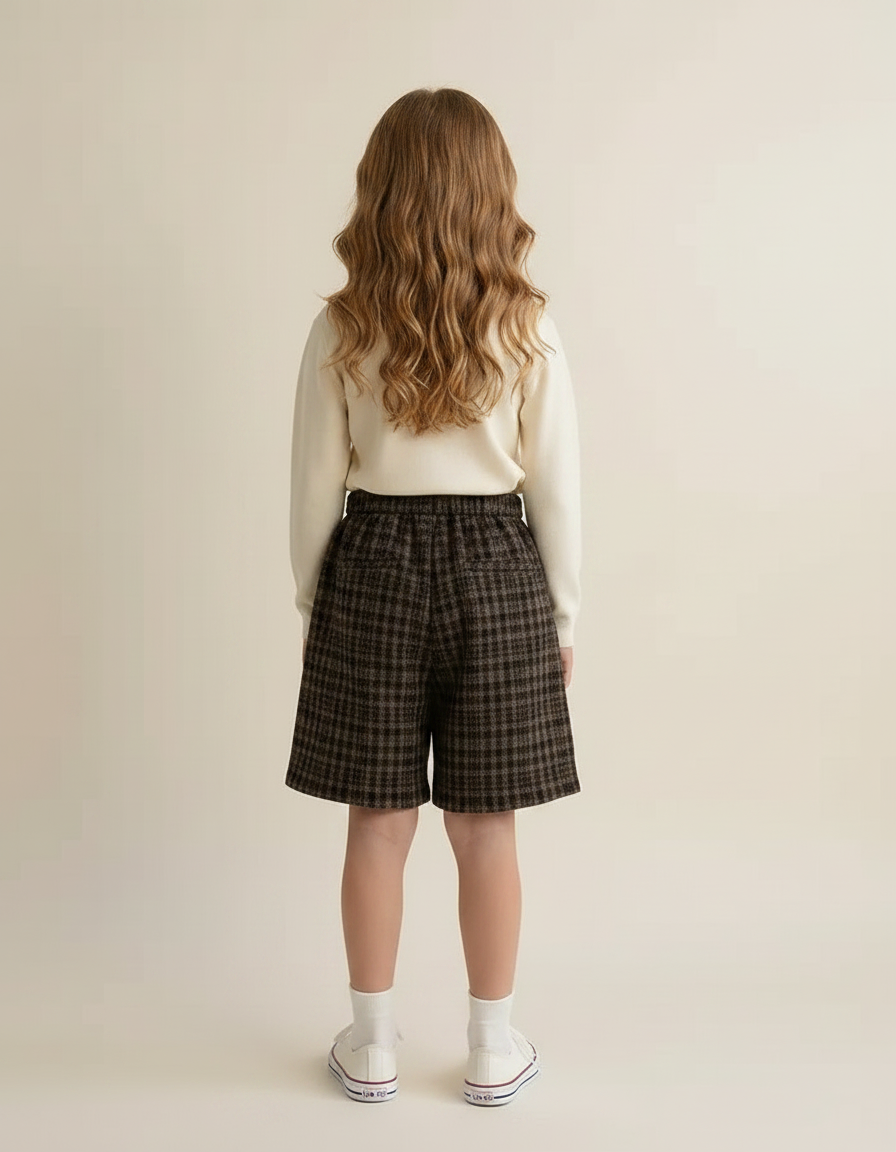 Pantalon Jupe Carreaux Marron Ample Élastique Fille - Tweed - vue 2