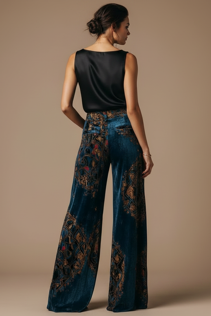 Pantalon Jupe Velours Bleu Imprimé Évasé Chic - vue 2