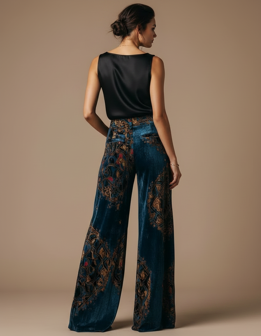 Pantalon Jupe Velours Bleu Imprimé Évasé Chic - vue 2