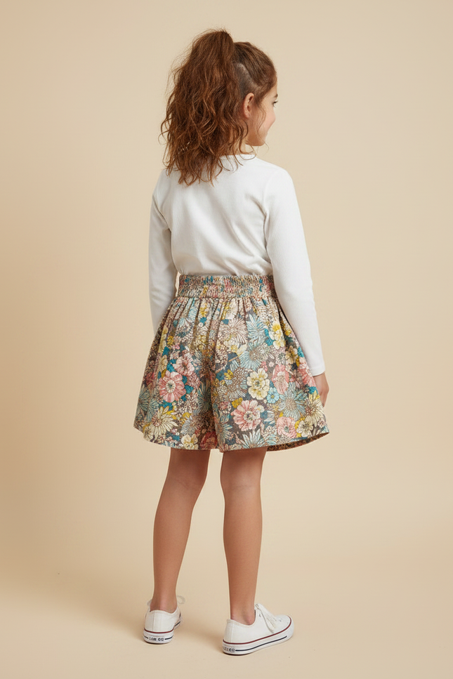 Pantalon Jupe Fleurs Évasé Plissé Confortable Fille - Multicolore Coton - vue 2