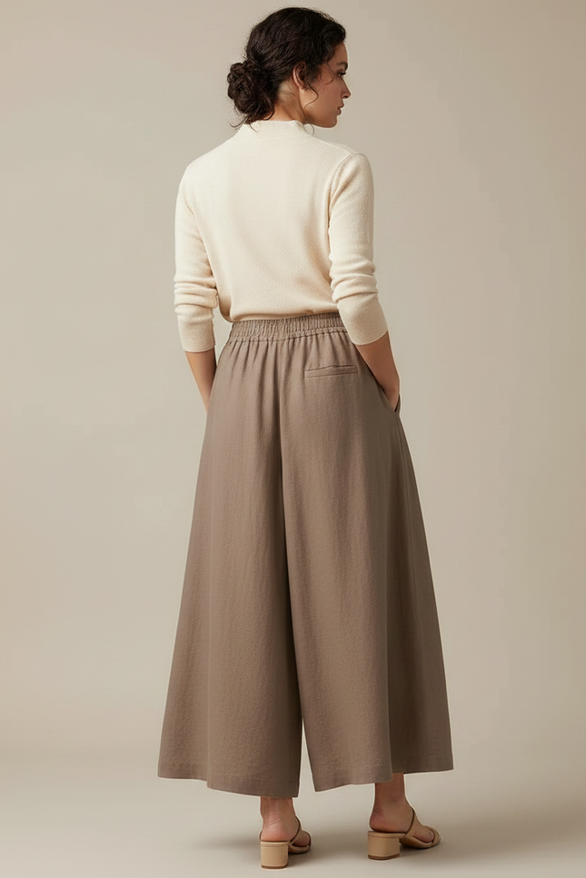 Pantalon Jupe Marron Lin Ample Fluide Décontracté - vue 2