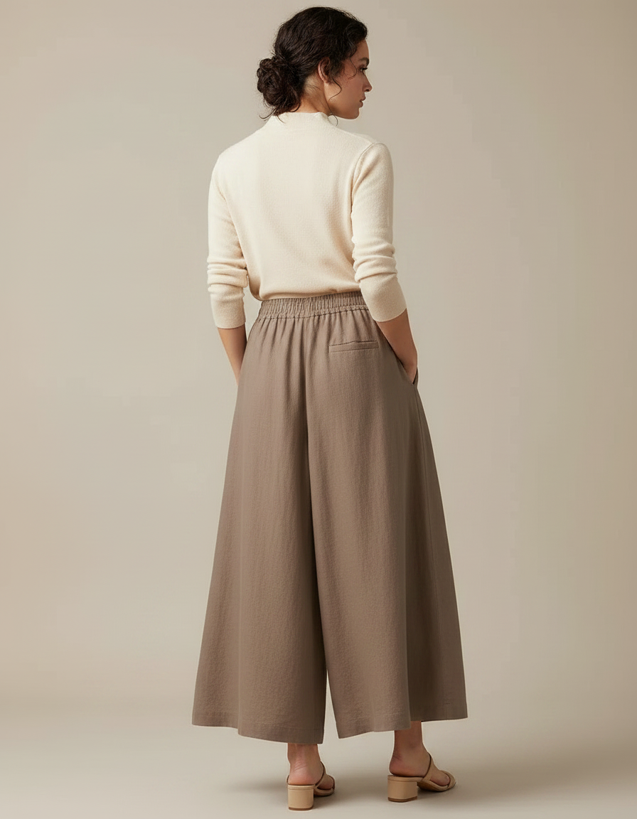 Pantalon Jupe Marron Lin Ample Fluide Décontracté - vue 2