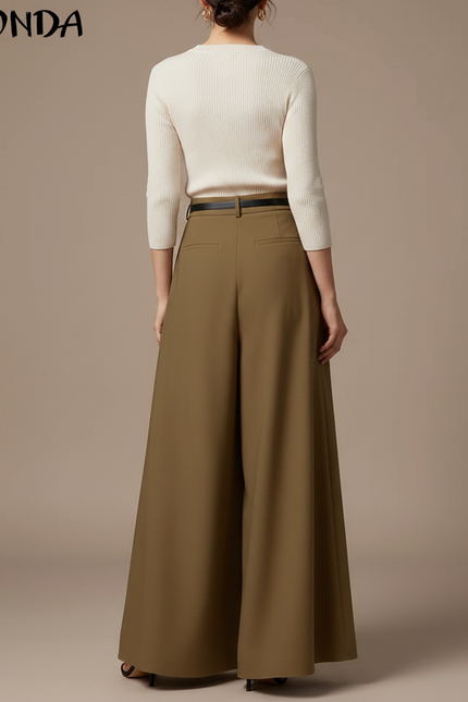 Pantalon Jupe Marron Plissé Ample Élégant Long - Kaki Gabardine - vue 2
