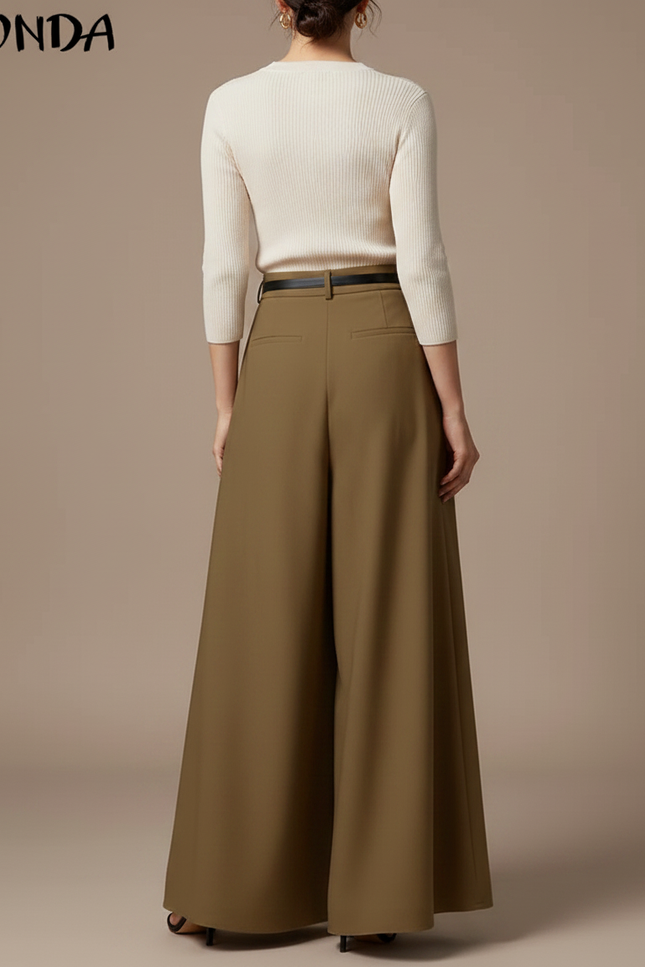 Pantalon Jupe Marron Plissé Ample Élégant Long - Kaki Gabardine - vue 2