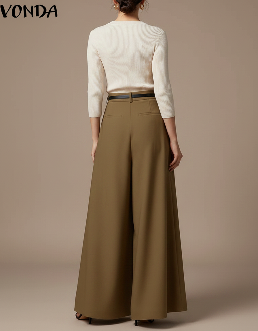Pantalon Jupe Marron Plissé Ample Élégant Long - Kaki Gabardine - vue 2