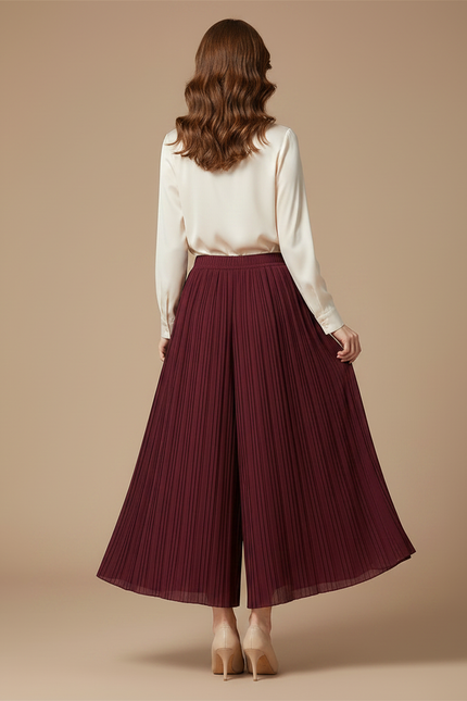 Pantalon Jupe Plissé Ample Long Bordeaux Élégant - Satin - vue 2