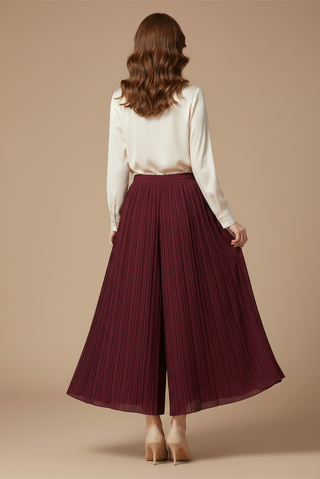 Pantalon Jupe Plissé Ample Long Bordeaux Élégant - Satin - vue 2