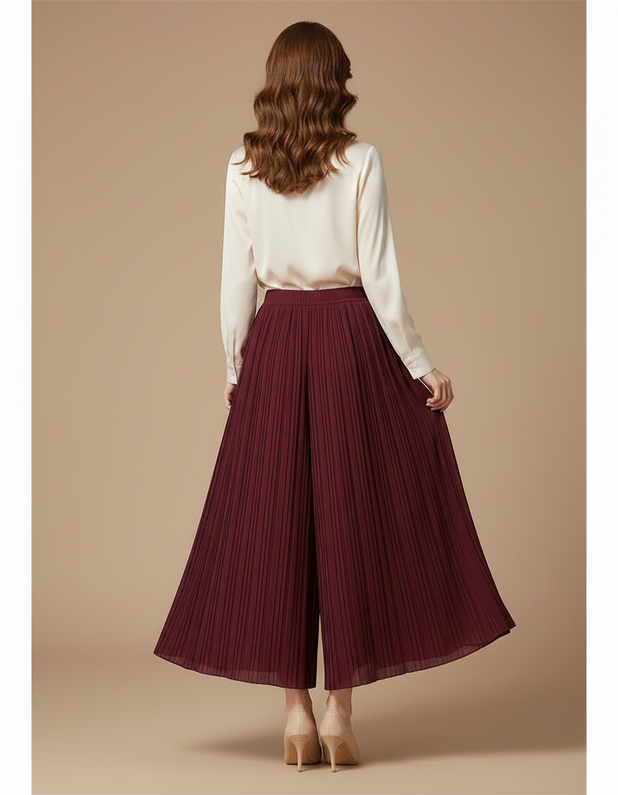 Pantalon Jupe Plissé Ample Long Bordeaux Élégant - Satin - vue 2