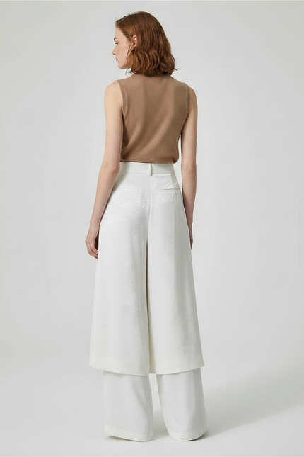 Pantalon Jupe Blanc Jacquard Satin Ample Élégant - vue 2