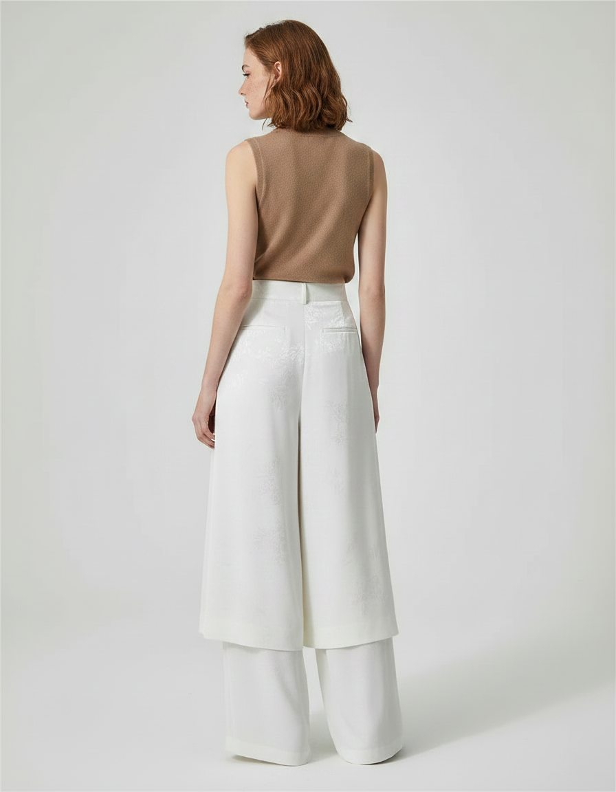 Pantalon Jupe Blanc Jacquard Satin Ample Élégant - vue 2