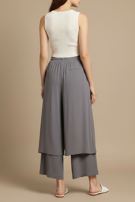 Pantalon Jupe Gris Fluide Superposé Ample Femme - Viscose - vue 2
