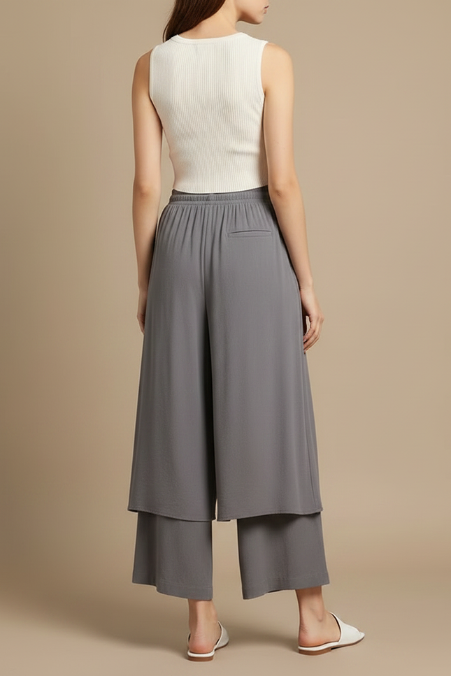 Pantalon Jupe Gris Fluide Superposé Ample Femme - Viscose - vue 2