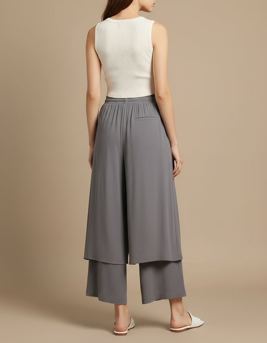 Pantalon Jupe Gris Fluide Superposé Ample Femme - Viscose - vue 2