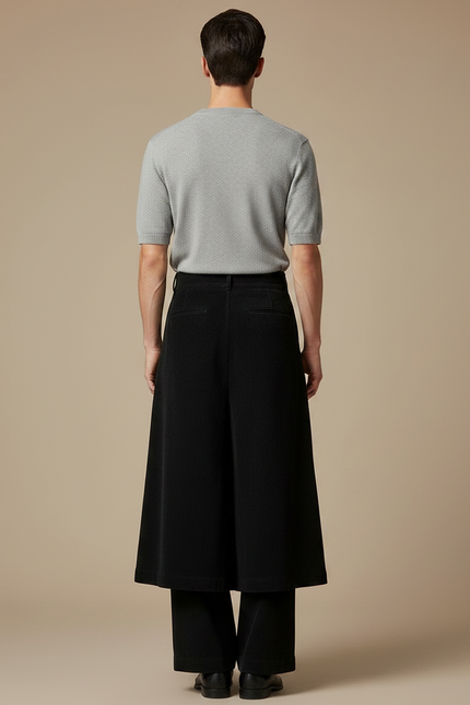 Pantalon Jupe Noir Plissé Long Évasé Homme - Cordé - vue 2