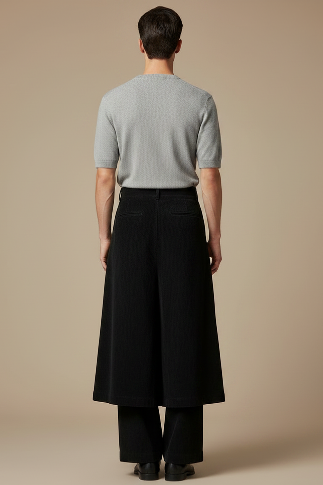 Pantalon Jupe Noir Plissé Long Évasé Homme - Cordé - vue 2