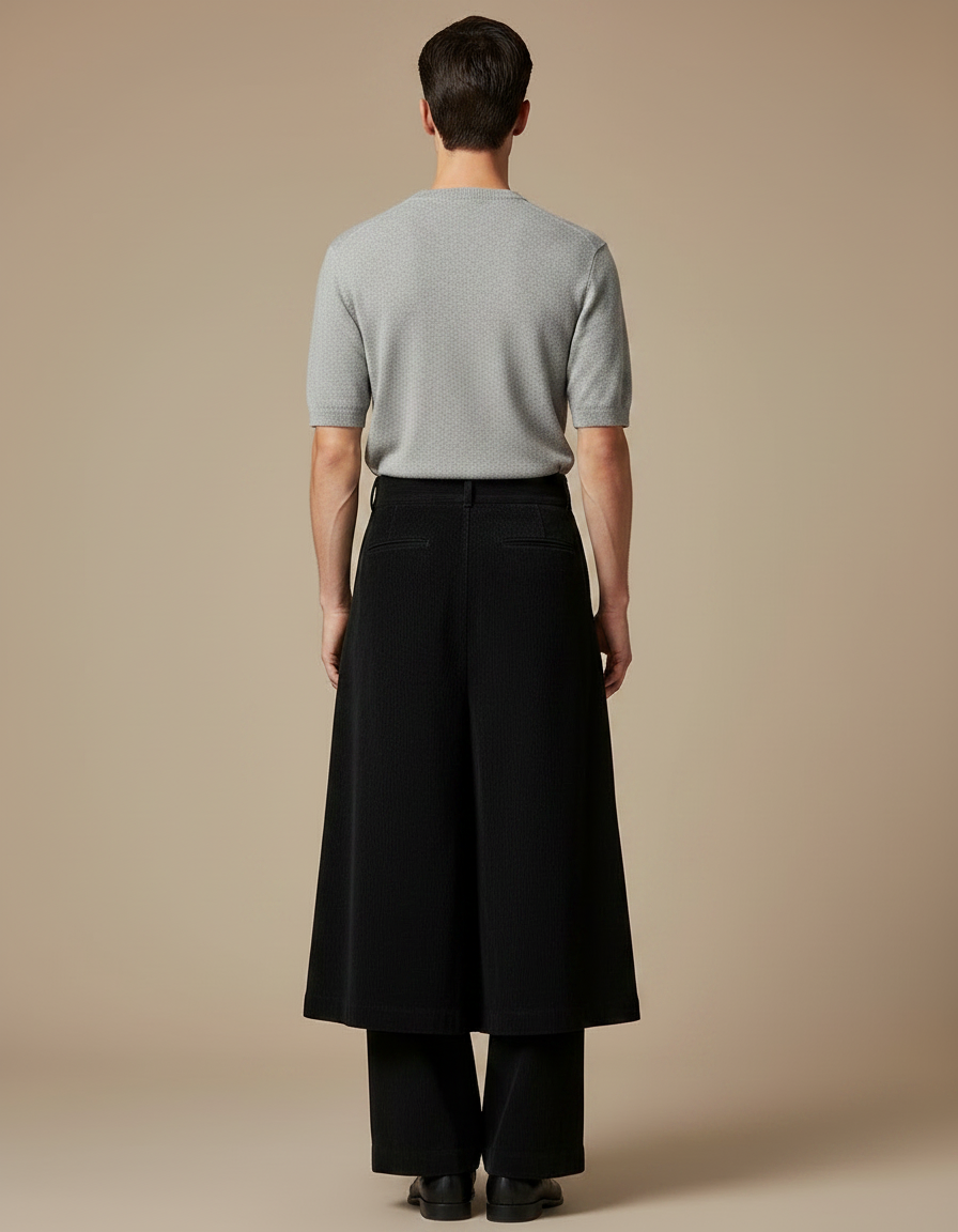 Pantalon Jupe Noir Plissé Long Évasé Homme - Cordé - vue 2