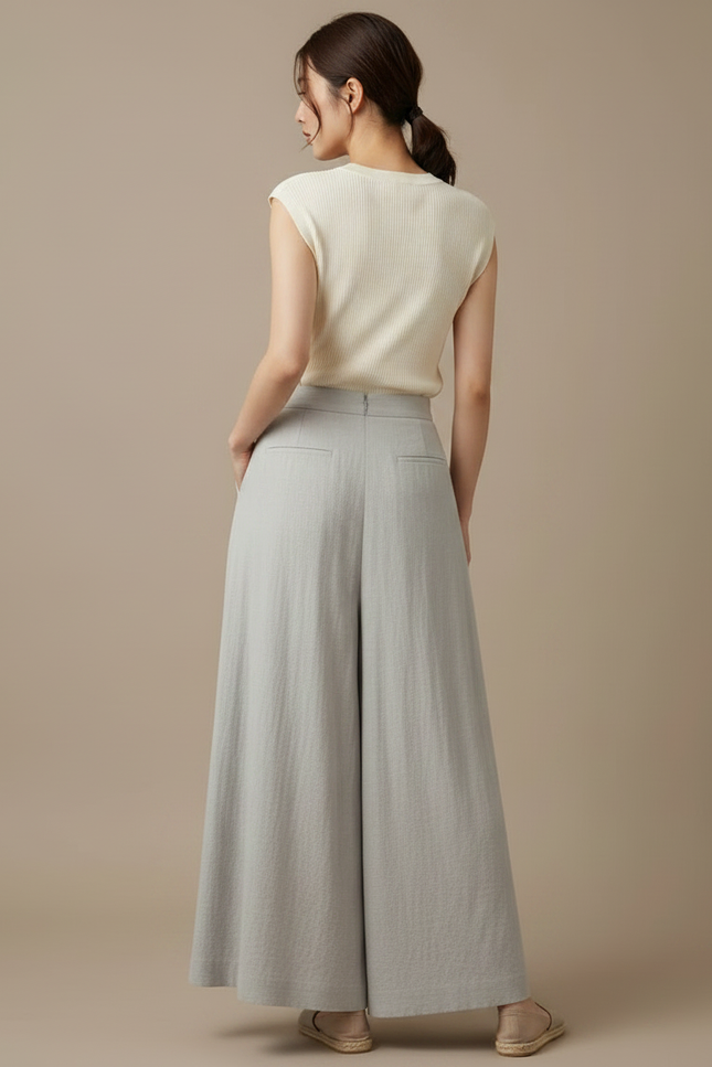 Pantalon Jupe Gris Lin Plissé Fluide Femme - vue 2