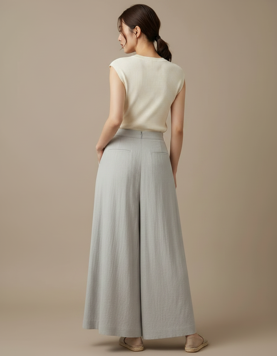 Pantalon Jupe Gris Lin Plissé Fluide Femme - vue 2