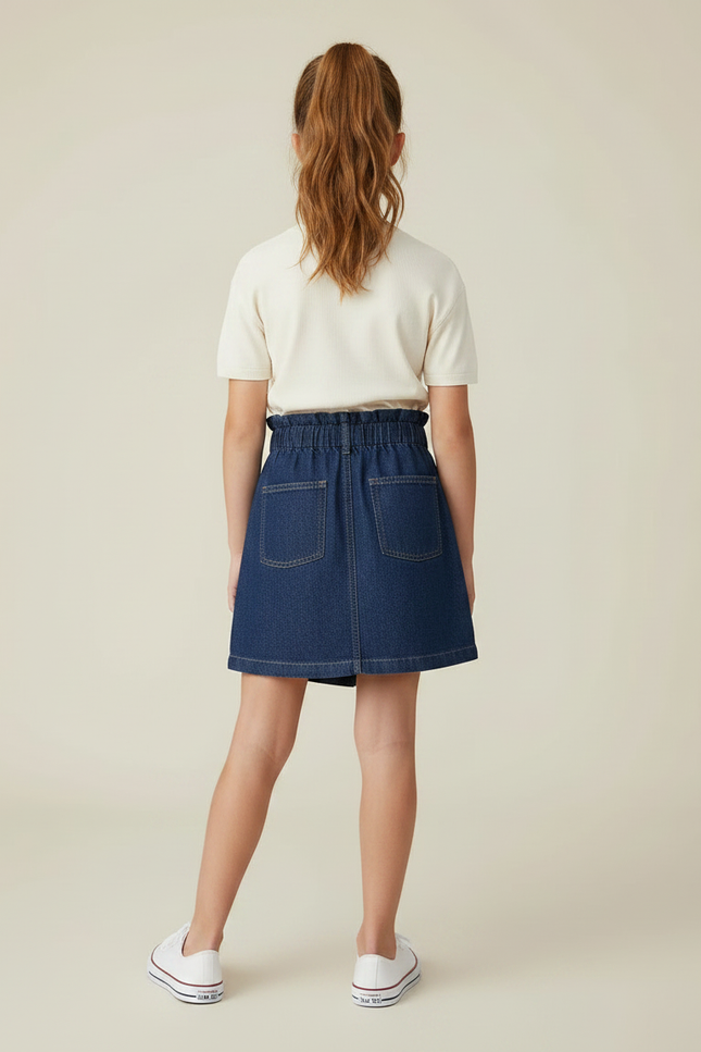 Pantalon Jupe Denim Bleu Ample Élastique Fille - Marine Jean - vue 2