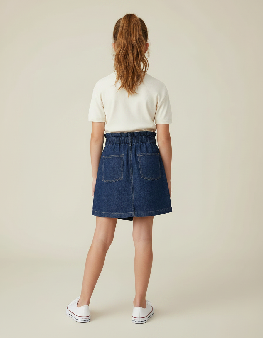 Pantalon Jupe Denim Bleu Ample Élastique Fille - Marine Jean - vue 2