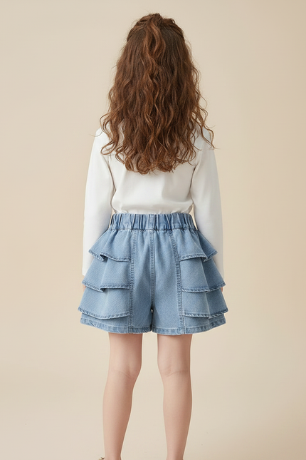 Pantalon Jupe Denim Bleu Superposé Volants Élastique Fille - Jean - vue 2
