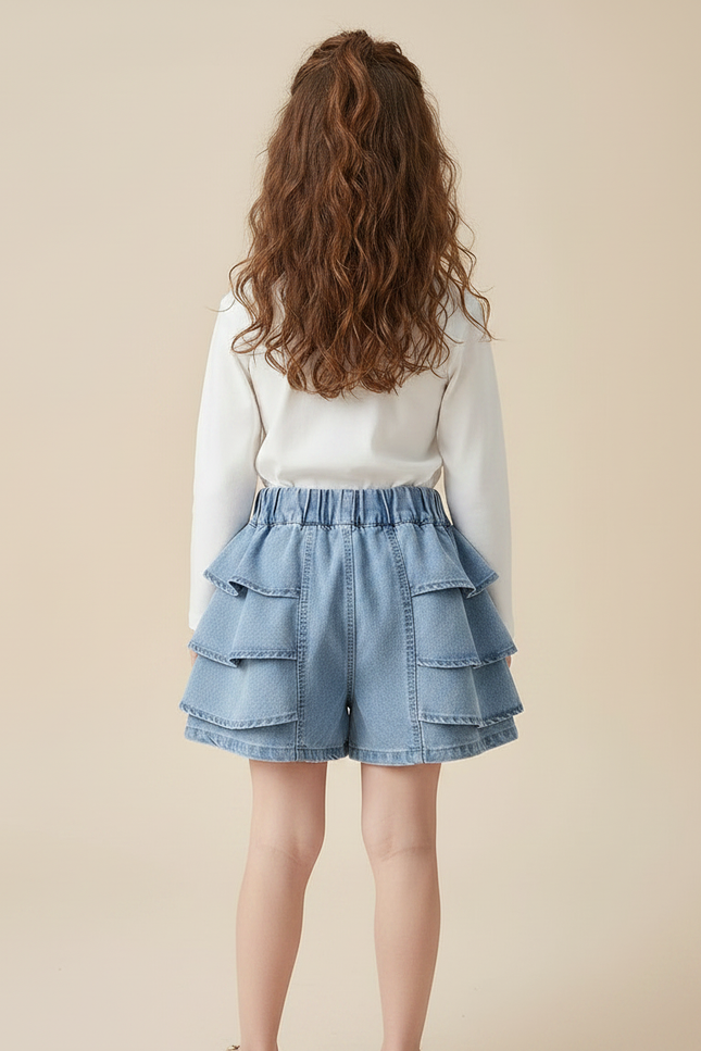 Pantalon Jupe Denim Bleu Superposé Volants Élastique Fille - Jean - vue 2