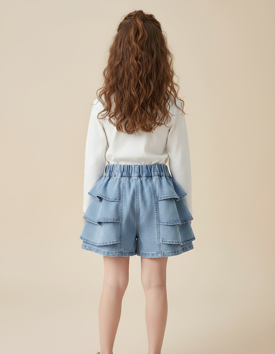 Pantalon Jupe Denim Bleu Superposé Volants Élastique Fille - Jean - vue 2