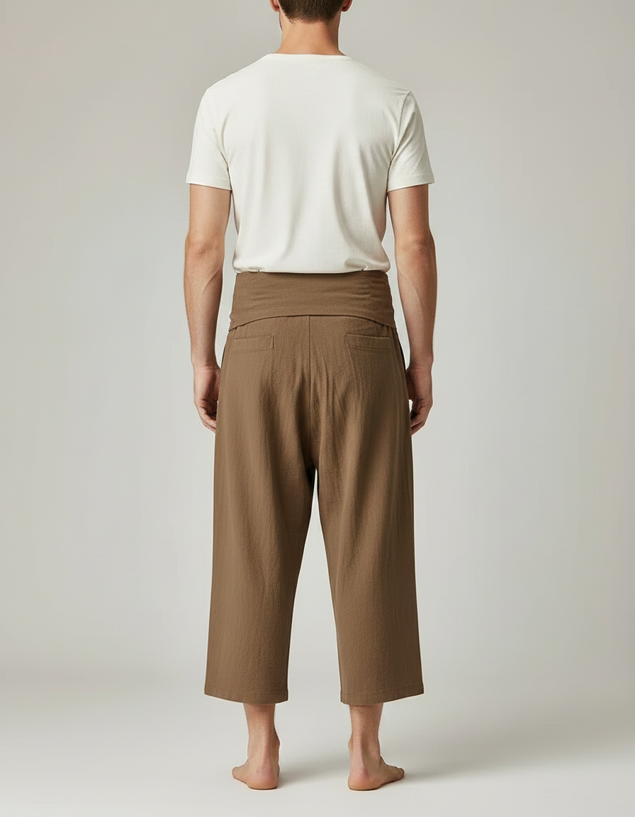 Pantalon Jupe Marron Lin Ample Décontracté Unisexe - vue 2