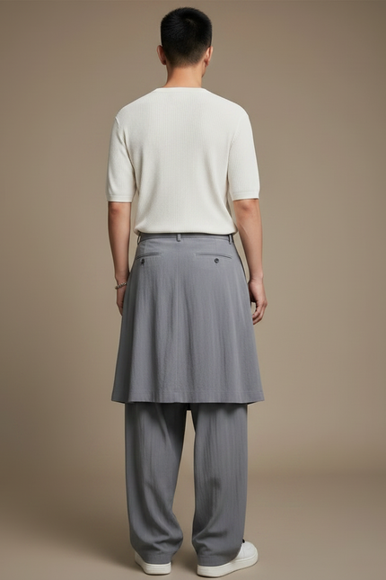 Pantalon Jupe Gris Plissé Superposé Ample Fluide Décontracté - Lin - vue 2