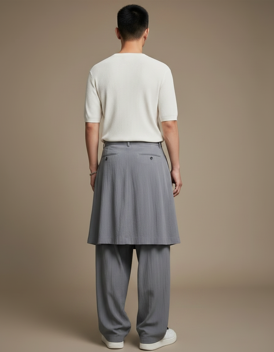 Pantalon Jupe Gris Plissé Superposé Ample Fluide Décontracté - Lin - vue 2