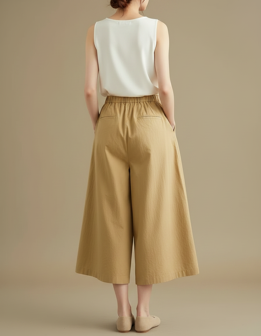 Pantalon Jupe Kaki Coton Ample Fluide Décontracté - vue 2