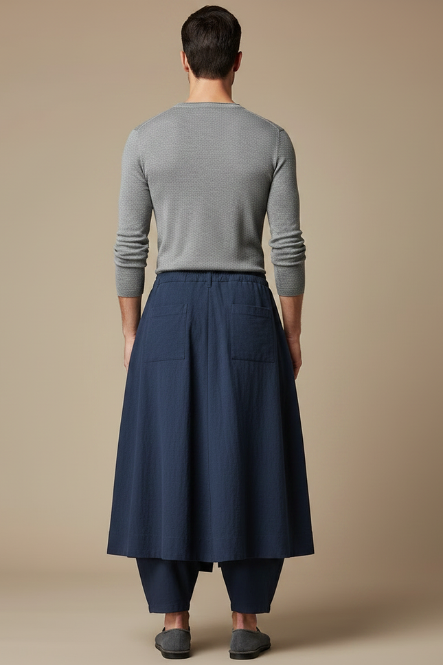 Pantalon Jupe Bleu Marine Coton Ample Plissé Homme - vue 2