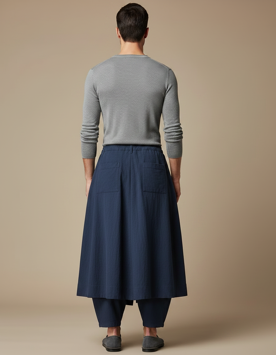 Pantalon Jupe Bleu Marine Coton Ample Plissé Homme - vue 2