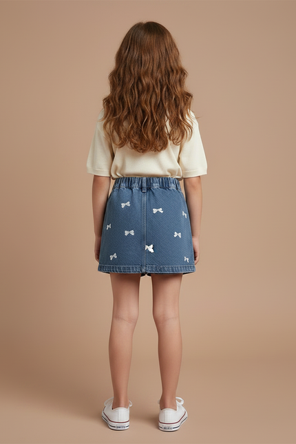 Pantalon Jupe Denim Broderie Nœuds Enfant A-ligne - Bleu Jean - vue 2