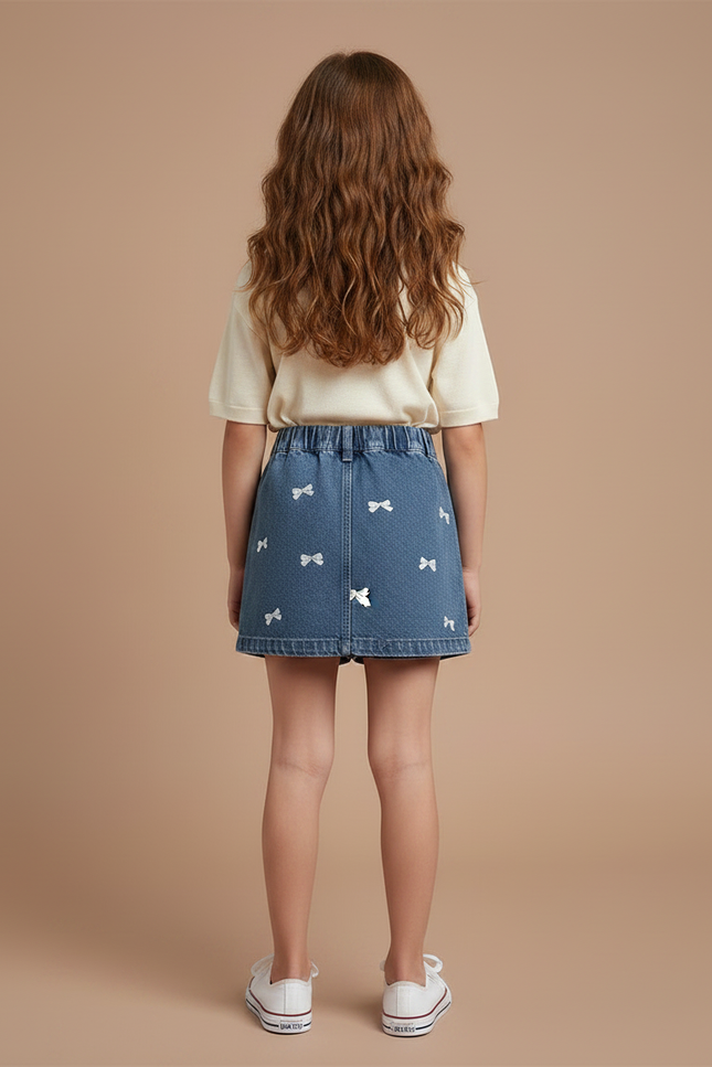 Pantalon Jupe Denim Broderie Nœuds Enfant A-ligne - Bleu Jean - vue 2