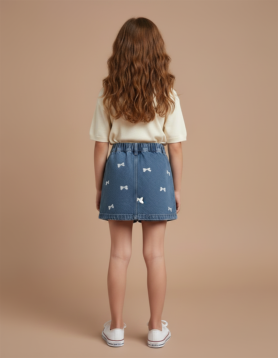 Pantalon Jupe Denim Broderie Nœuds Enfant A-ligne - Bleu Jean - vue 2