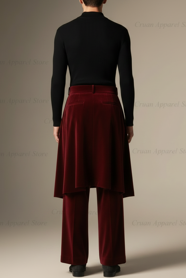 Pantalon Jupe Velours Bordeaux Fluide Élégant Superposé - vue 2