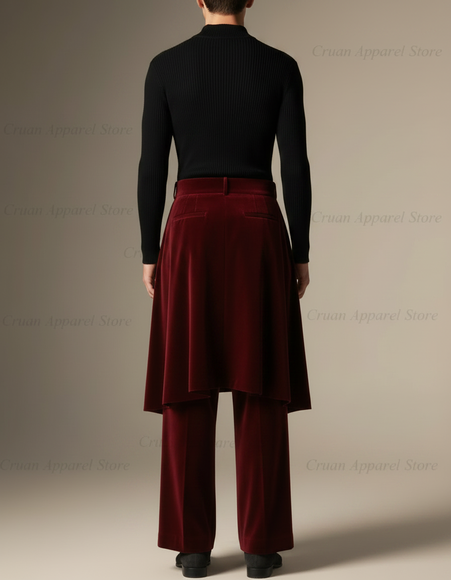 Pantalon Jupe Velours Bordeaux Fluide Élégant Superposé - vue 2