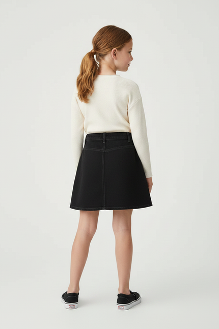 Pantalon Jupe Noir Denim Boutonné Fille Décontracté - Jean - vue 2