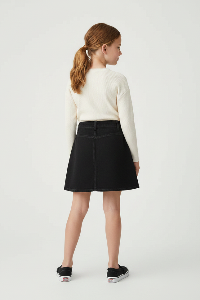 Pantalon Jupe Noir Denim Boutonné Fille Décontracté - Jean - vue 2