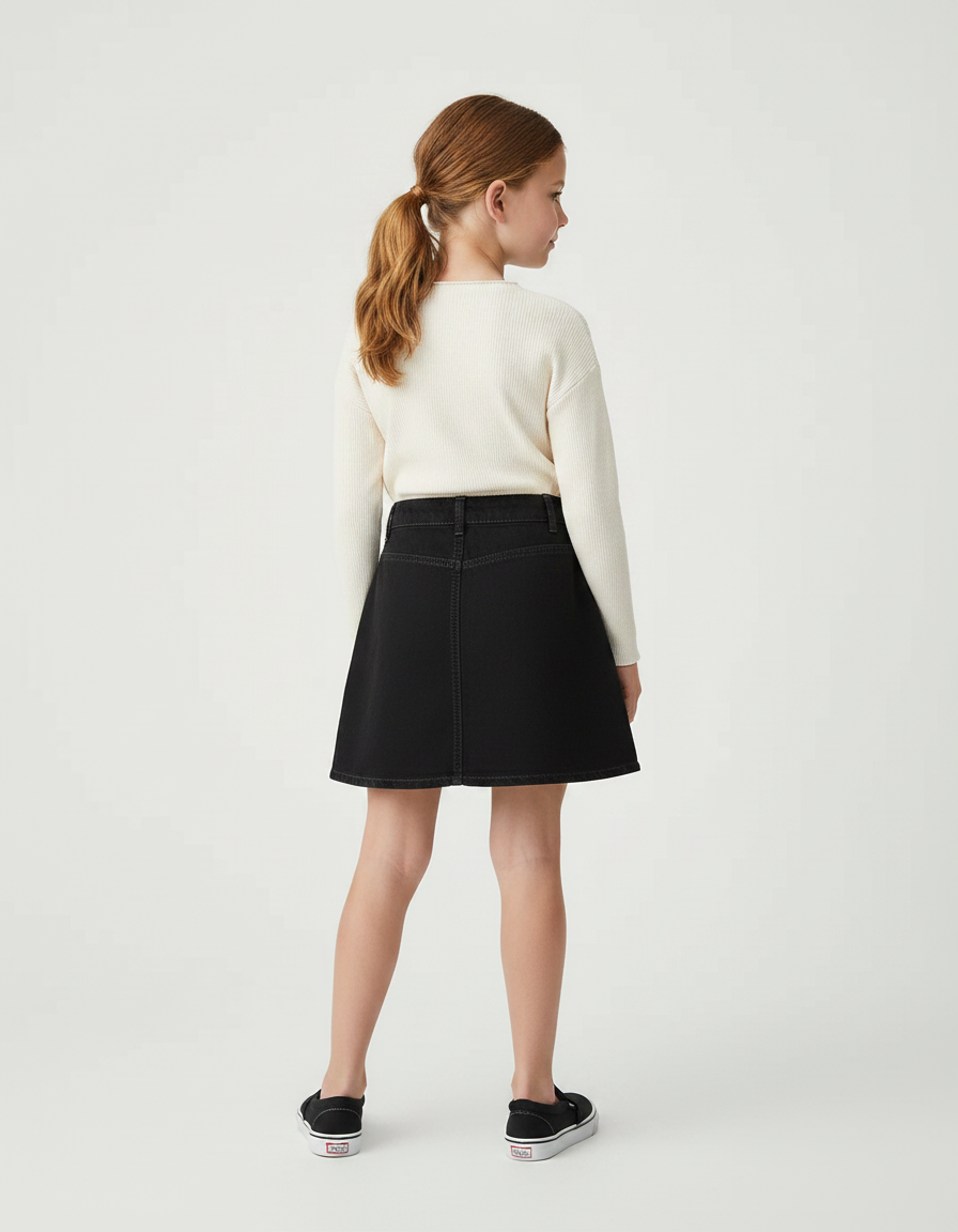 Pantalon Jupe Noir Denim Boutonné Fille Décontracté - Jean - vue 2