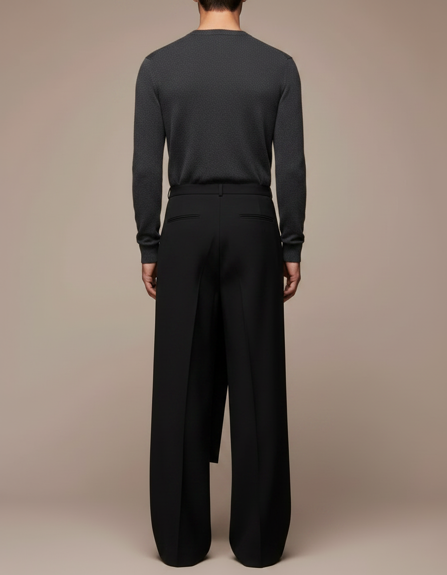 Pantalon Jupe Noir Long Ample Superposé Homme - Gabardine - vue 2