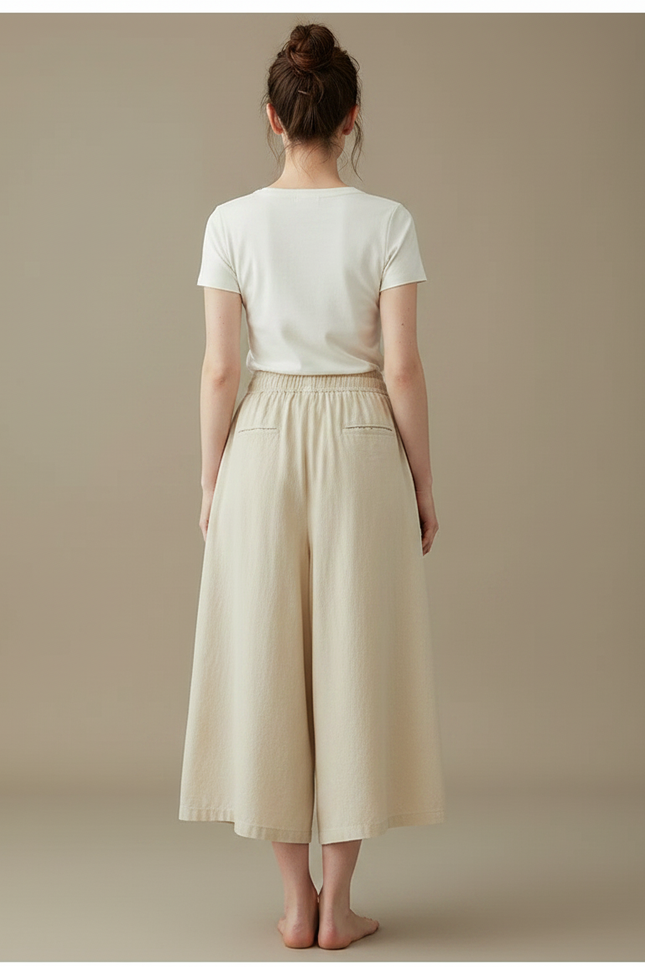 Pantalon Jupe Beige Lin Ample Décontracté Fluide Élastique - vue 2