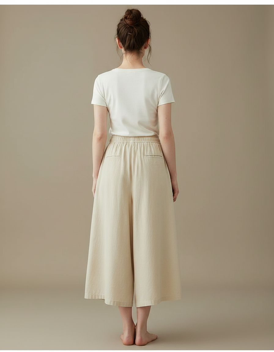 Pantalon Jupe Beige Lin Ample Décontracté Fluide Élastique - vue 2