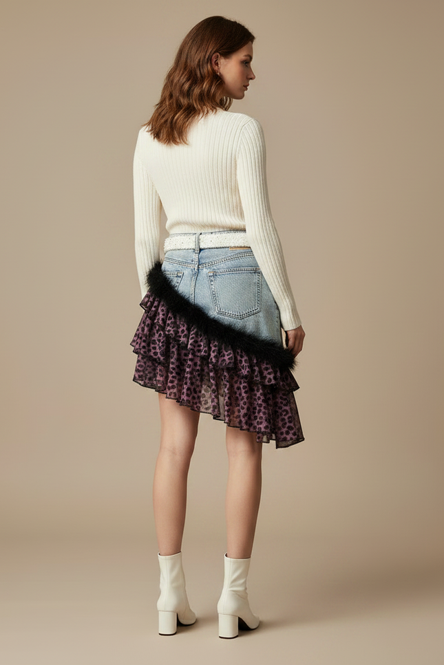 Pantalon Jupe Denim Léopard Ruffles Asymétrique Femme - Multicolore Jean - vue 2