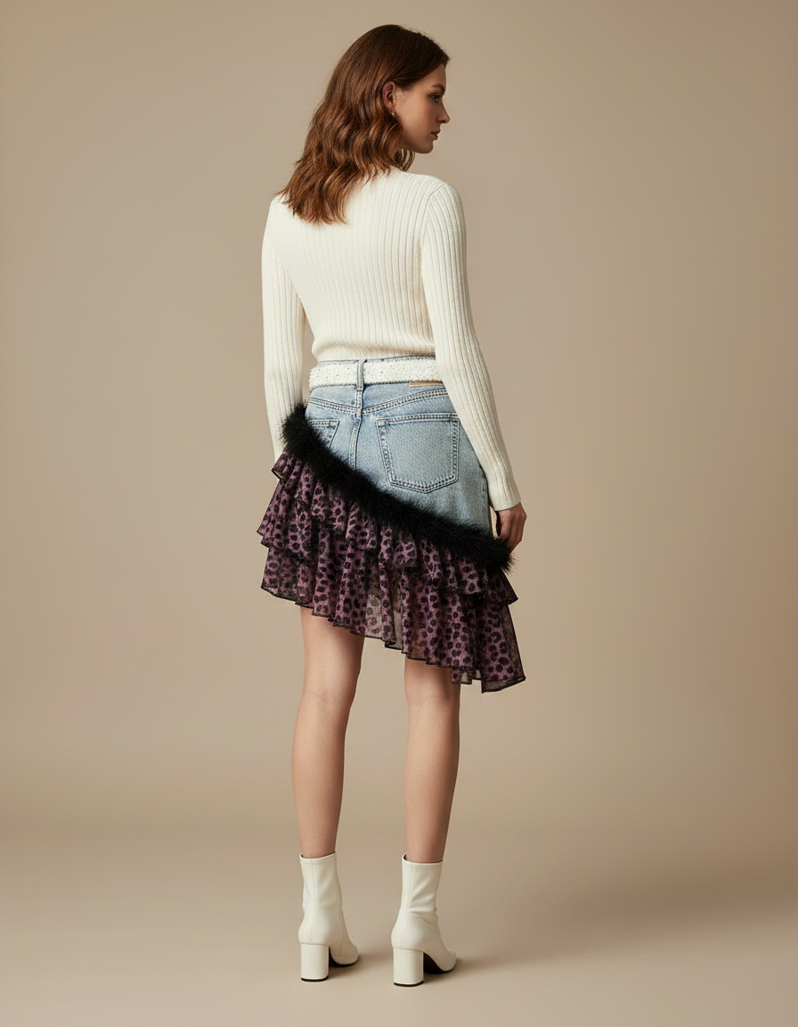 Pantalon Jupe Denim Léopard Ruffles Asymétrique Femme - Multicolore Jean - vue 2