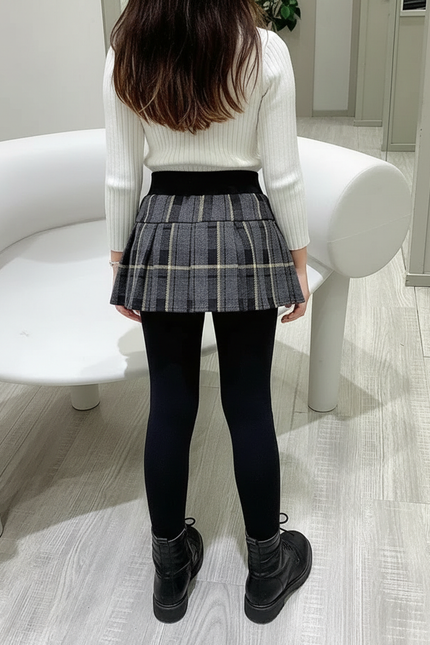 Pantalon Jupe Carreaux Gris Plissé Chaud Fille - Noir Molleton