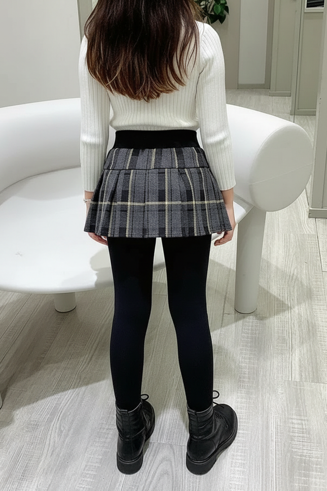 Pantalon Jupe Carreaux Gris Plissé Chaud Fille - Noir Molleton