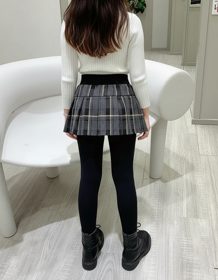 Pantalon Jupe Carreaux Gris Plissé Chaud Fille - Noir Molleton